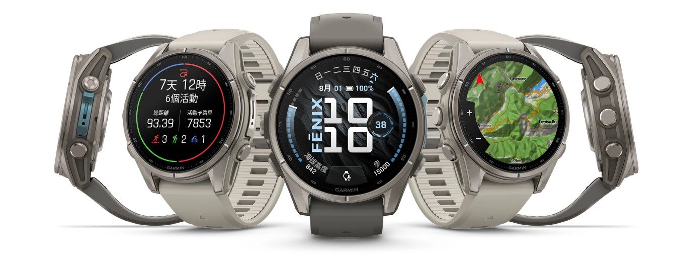 Garmin fenix 9 三種畫面：活動摘要、主錶面與離線地圖